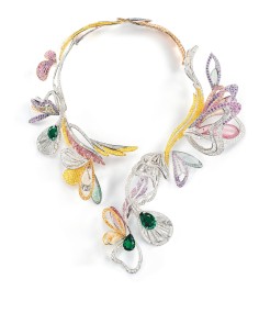 Boucheron’s Bouquet d’Ailes is a reinvention of the brand’s claspless question mark necklace design and features butterfly and dragonfly wings with peacock feathers.