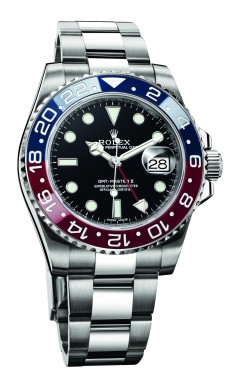 Rolex's GMT-Master II features a blue and red dial known by collectors as a 'Pepsi' for the colours.