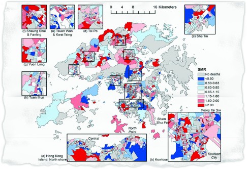 A map showing the raw standardised mortality ratios for suicide among people aged 10 and older in Hong Kong between 2005 and 2010. Red areas had high rates, while blue areas had low rates.