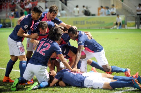 Kitchee players celebrate scoring in the League Cup final at Mong Kok Stadium. Photo: Xinhua