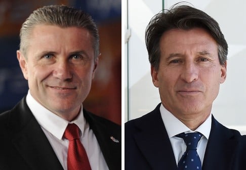 Ukrainian former pole vaulting legend Sergei Bubka (left) and British track legend Sebastian Coe go head-to-head for presidency of the IAAF in Beijing today. Photo: AFP