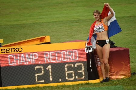 Netherlands' Dafne Schippers celebrates her championship record at the Bird's Nest stadium in Beijing. Photo: AFP