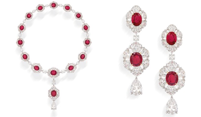 Majestic Mogok Ruby Suite of necklace, earrings and bracelet comprises 27 rare Mogok rubies weighing 71.11 carats, and finest diamonds totalling 128.56 carats.